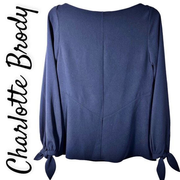 NWT CHARLOTTE BRODY Tie Sleeve Navy Double Georgette Blouse, Size Small - Picture 2 of 9